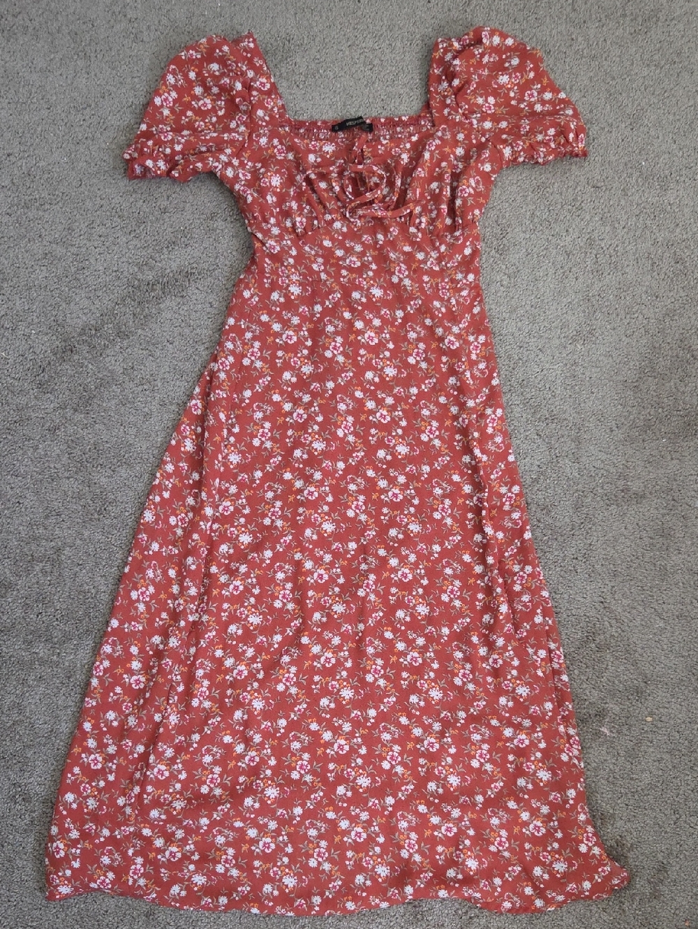 Rust Floral Puff-Sleeve Maxi Dress